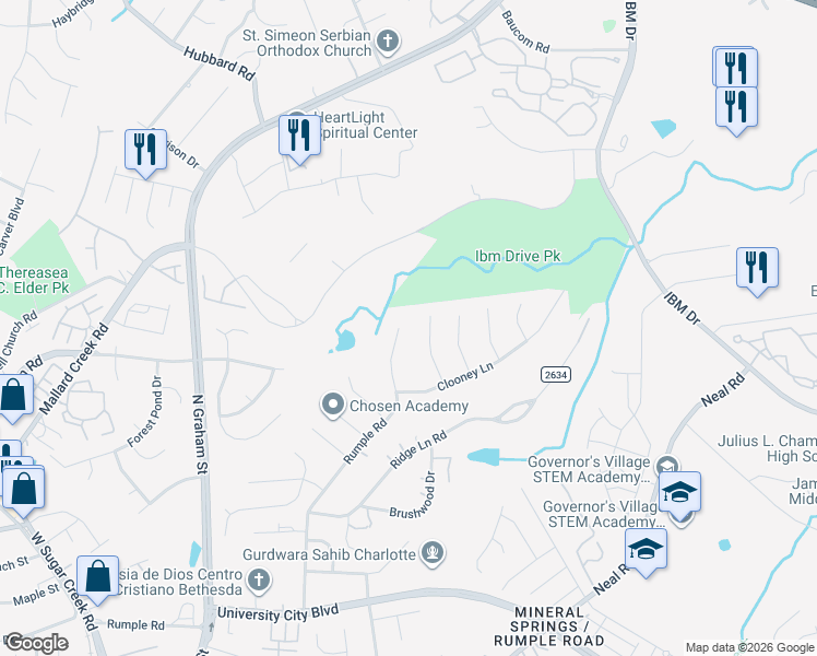 map of restaurants, bars, coffee shops, grocery stores, and more near 7130 Rumple Road in Charlotte