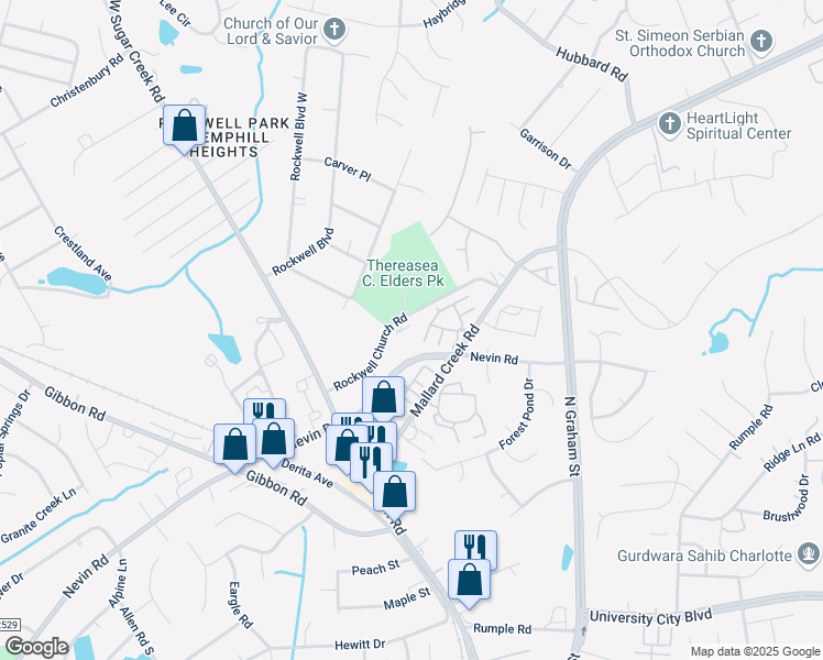 map of restaurants, bars, coffee shops, grocery stores, and more near 6317 Rockwell Church Road in Charlotte