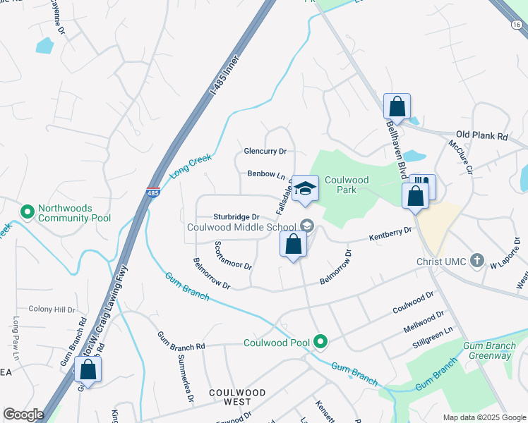 map of restaurants, bars, coffee shops, grocery stores, and more near 1020 Belmorrow Drive in Charlotte