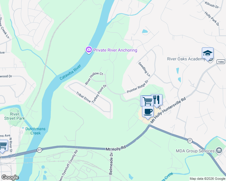 map of restaurants, bars, coffee shops, grocery stores, and more near 10735 Pointer Ridge Drive in Charlotte