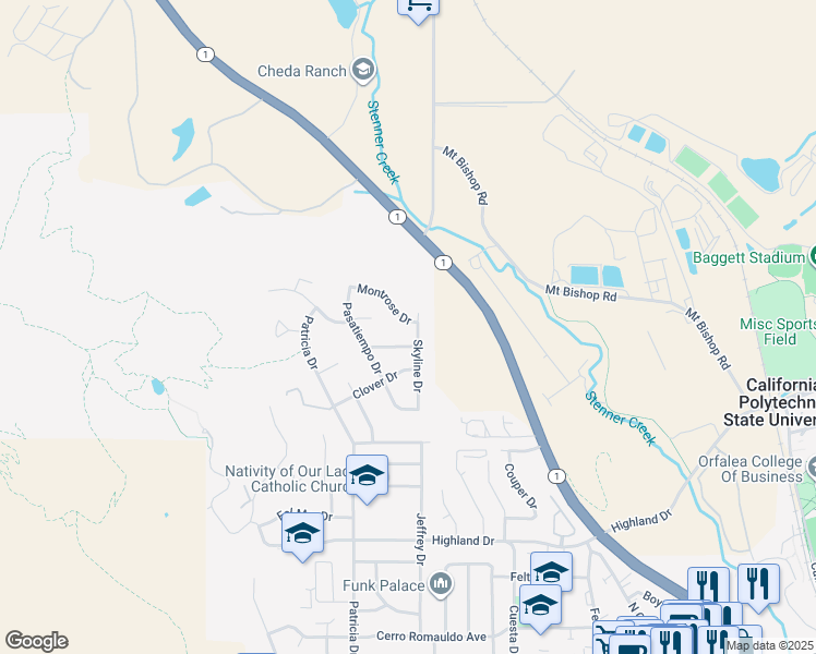 map of restaurants, bars, coffee shops, grocery stores, and more near 860 Skyline Drive in San Luis Obispo