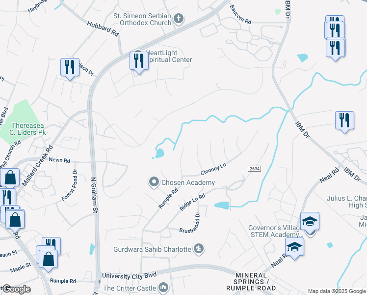 map of restaurants, bars, coffee shops, grocery stores, and more near 7129 Rumple Road in Charlotte