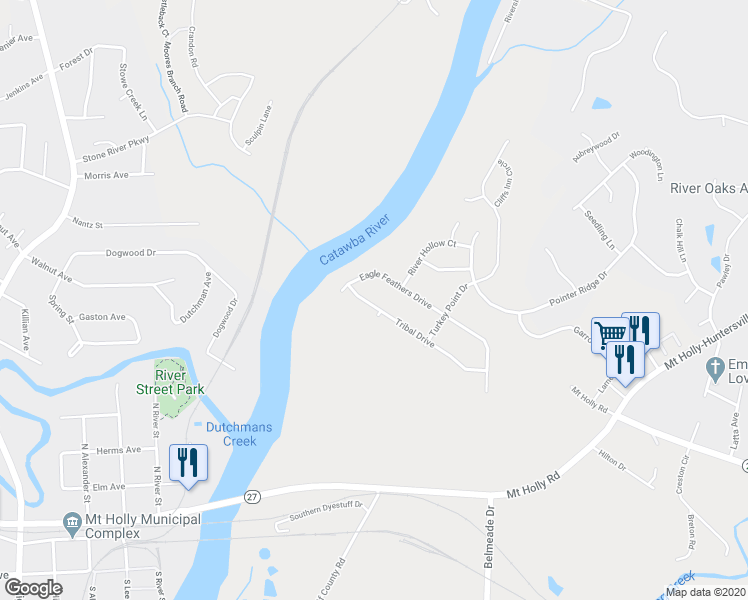 map of restaurants, bars, coffee shops, grocery stores, and more near 11710 Tribal Drive in Charlotte