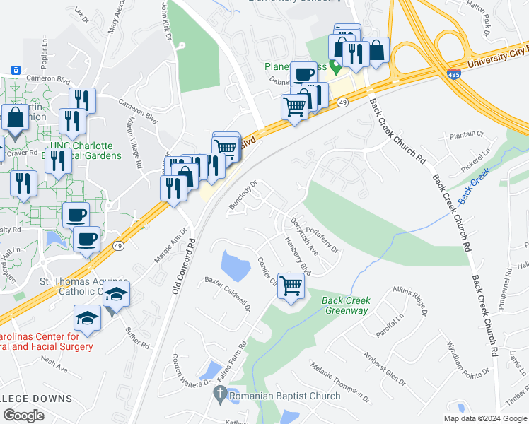 map of restaurants, bars, coffee shops, grocery stores, and more near 10147 Ballyclare Court in Charlotte
