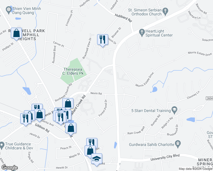 map of restaurants, bars, coffee shops, grocery stores, and more near 6604 Mallard Creek Road in Charlotte