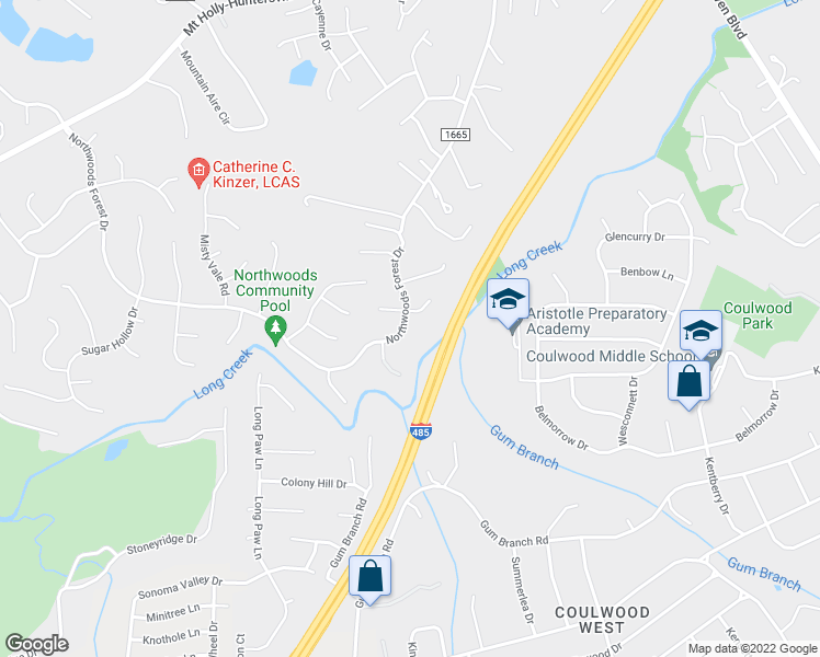 map of restaurants, bars, coffee shops, grocery stores, and more near 9815 Northwoods Forest Drive in Charlotte