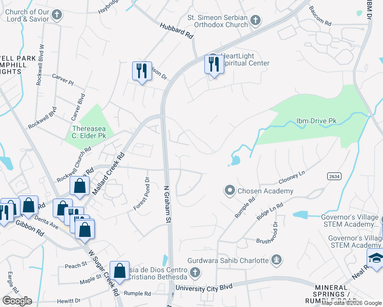 map of restaurants, bars, coffee shops, grocery stores, and more near 6525 Wild Orchid Court in Charlotte
