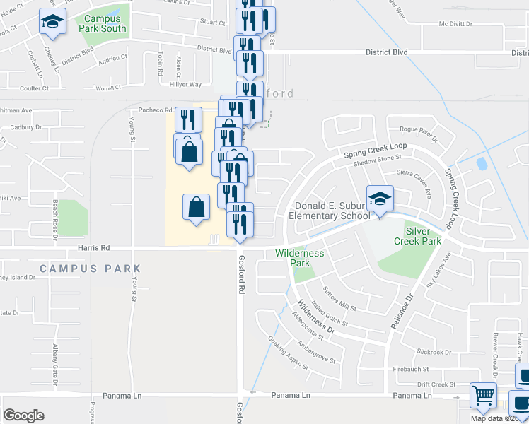 map of restaurants, bars, coffee shops, grocery stores, and more near 8000 Cold Creek Court in Bakersfield