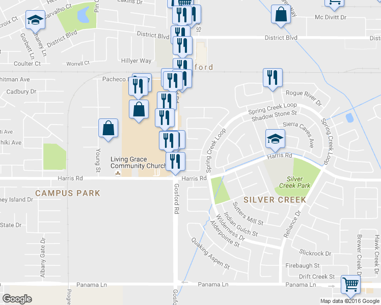 map of restaurants, bars, coffee shops, grocery stores, and more near 8000 Cold Creek Court in Bakersfield