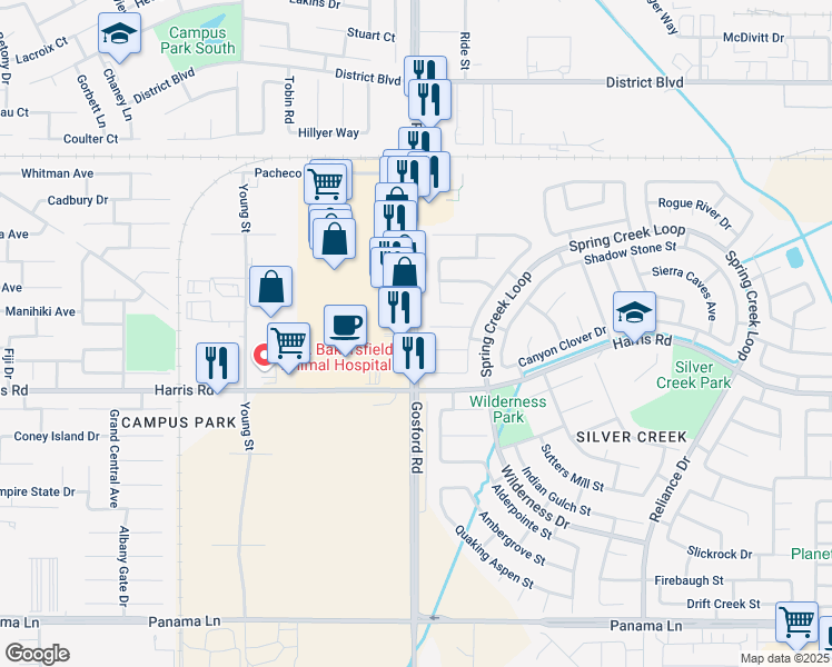 map of restaurants, bars, coffee shops, grocery stores, and more near 5677 Gosford Road in Bakersfield