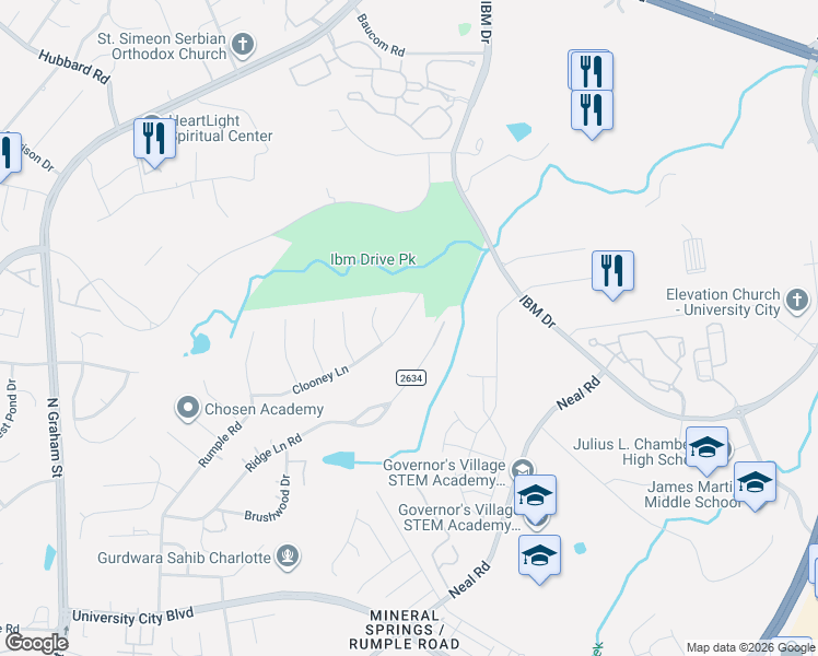 map of restaurants, bars, coffee shops, grocery stores, and more near 1405 Clooney Lane in Charlotte