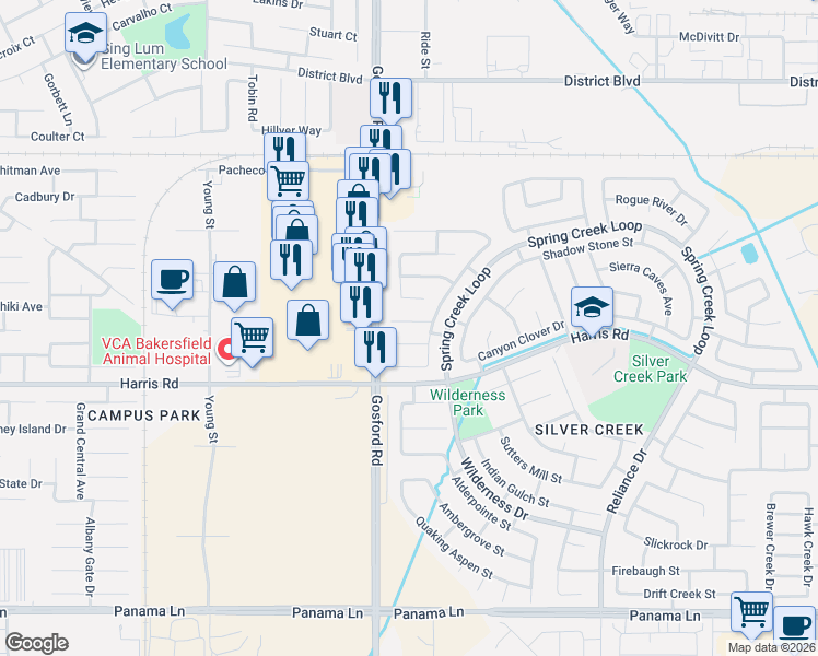 map of restaurants, bars, coffee shops, grocery stores, and more near 8000 Cold Creek Court in Bakersfield