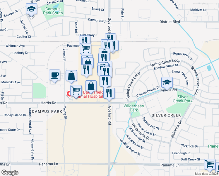 map of restaurants, bars, coffee shops, grocery stores, and more near 5385 Gosford Road in Bakersfield