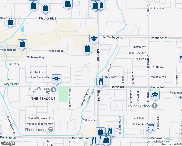 map of restaurants, bars, coffee shops, grocery stores, and more near 5408 Silver Creek Road in Bakersfield