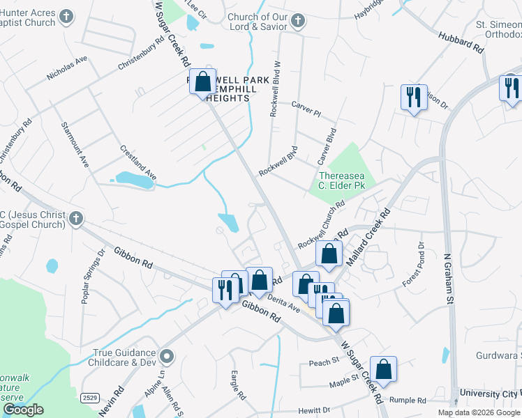 map of restaurants, bars, coffee shops, grocery stores, and more near 5858 Bradford Lake Lane in Charlotte