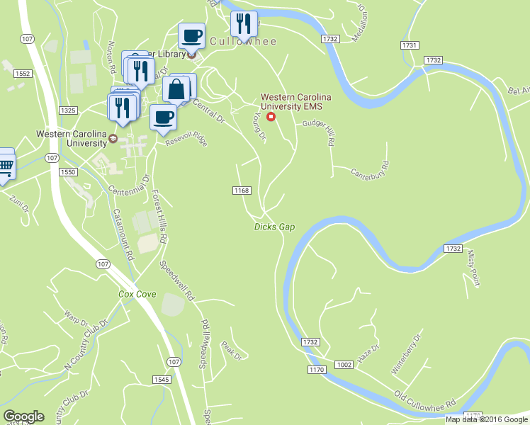 map of restaurants, bars, coffee shops, grocery stores, and more near Old Cullowhee Road in Cullowhee