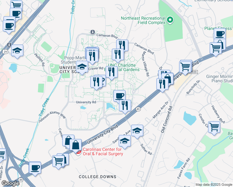 map of restaurants, bars, coffee shops, grocery stores, and more near 9201 University City Boulevard in Charlotte