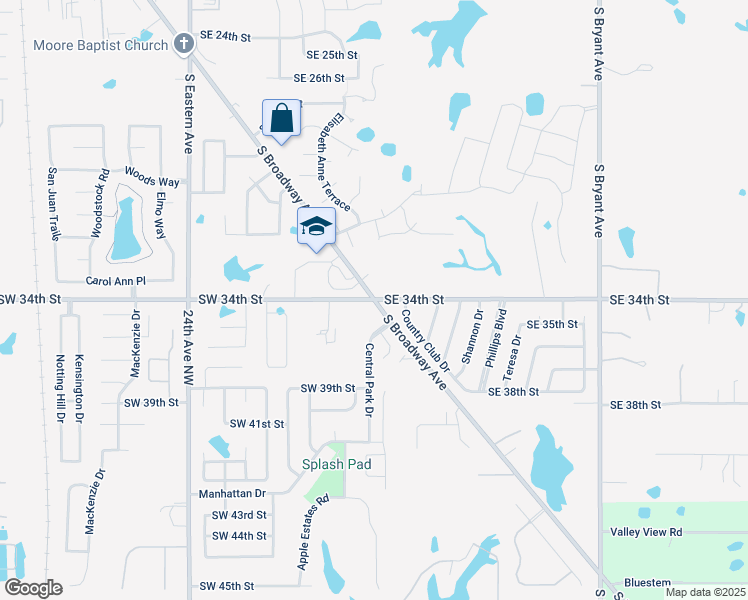 map of restaurants, bars, coffee shops, grocery stores, and more near 101 Southwest 34th Street in Moore