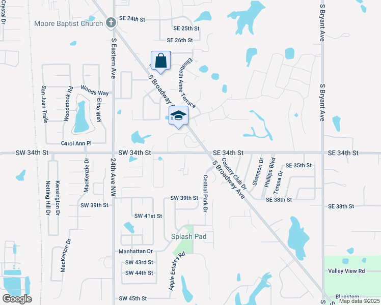 map of restaurants, bars, coffee shops, grocery stores, and more near 101-291 Southwest 34th Street in Moore