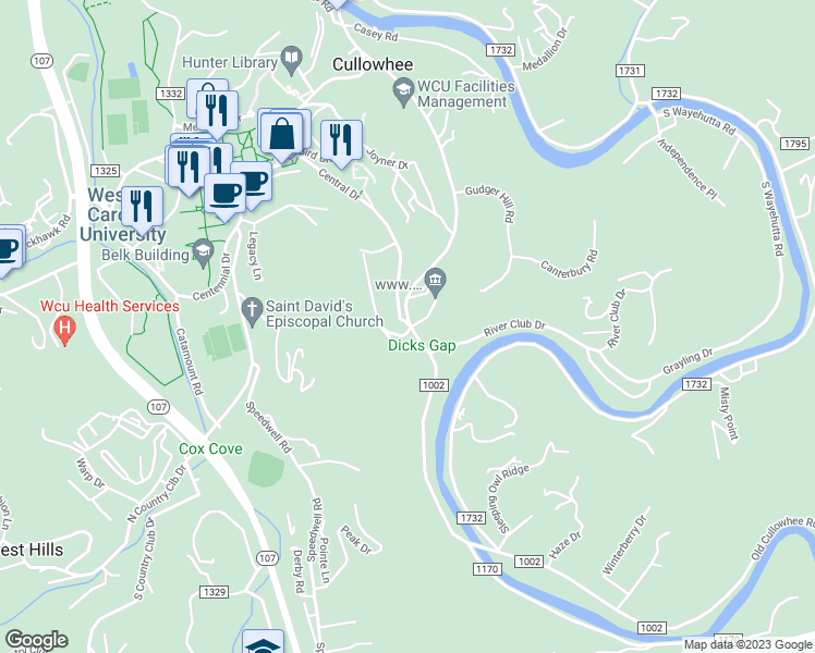 map of restaurants, bars, coffee shops, grocery stores, and more near 2 Dix Gap Circle in Cullowhee