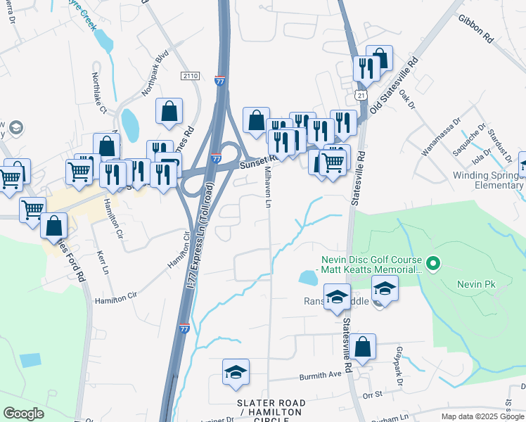 map of restaurants, bars, coffee shops, grocery stores, and more near 6207 Milhaven Lane in Charlotte
