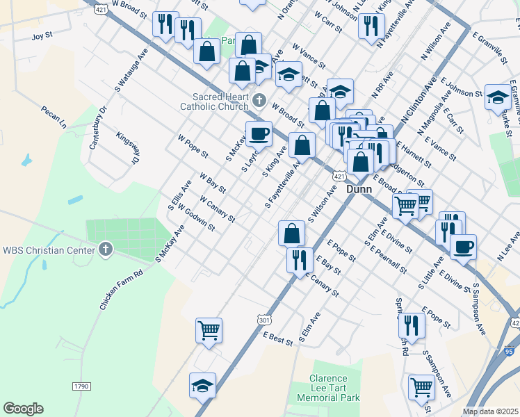 map of restaurants, bars, coffee shops, grocery stores, and more near 510 South Fayetteville Avenue in Dunn