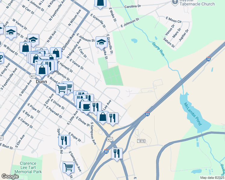 map of restaurants, bars, coffee shops, grocery stores, and more near 312 McNeil Circle in Dunn
