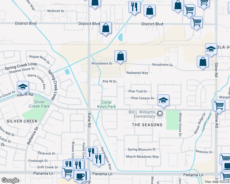 map of restaurants, bars, coffee shops, grocery stores, and more near 6205 Galanos Court in Bakersfield