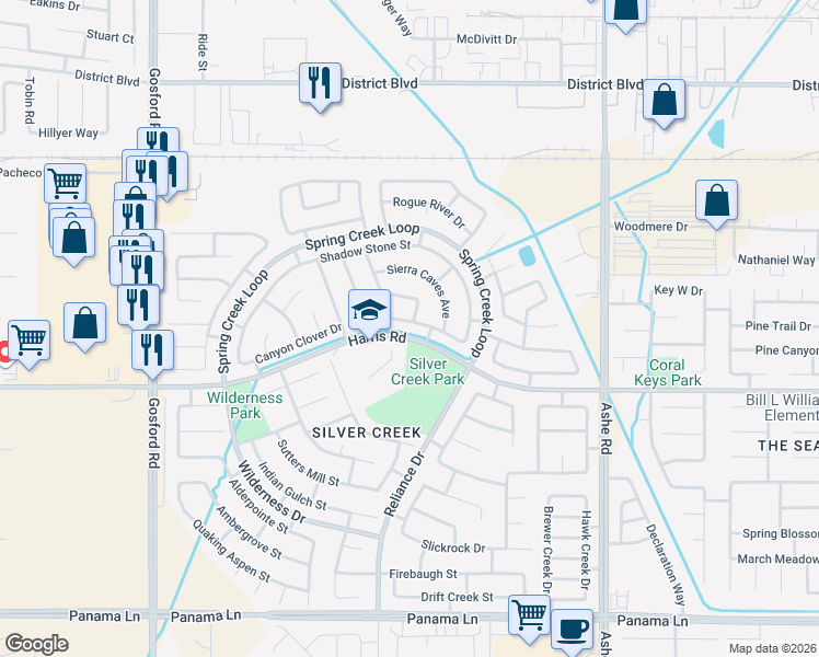map of restaurants, bars, coffee shops, grocery stores, and more near 7201 Clover Mountain Street in Bakersfield