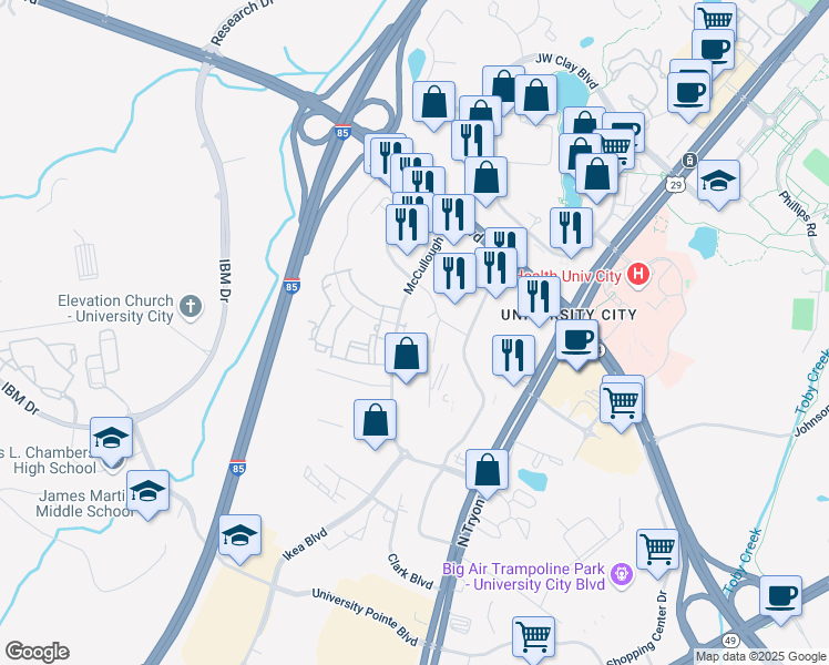 map of restaurants, bars, coffee shops, grocery stores, and more near 401 Tyler Trail Court in Charlotte