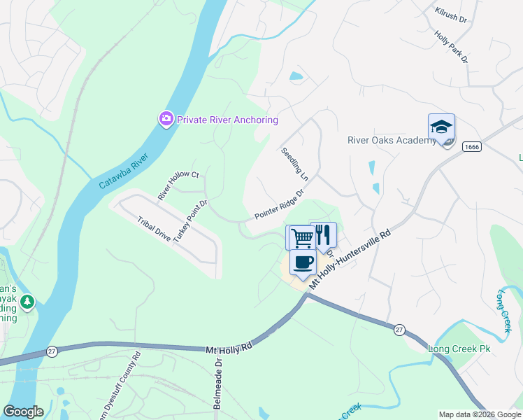 map of restaurants, bars, coffee shops, grocery stores, and more near 11011 Pointer Ridge Drive in Charlotte
