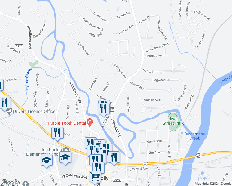 map of restaurants, bars, coffee shops, grocery stores, and more near 513 North Main Street in Mount Holly