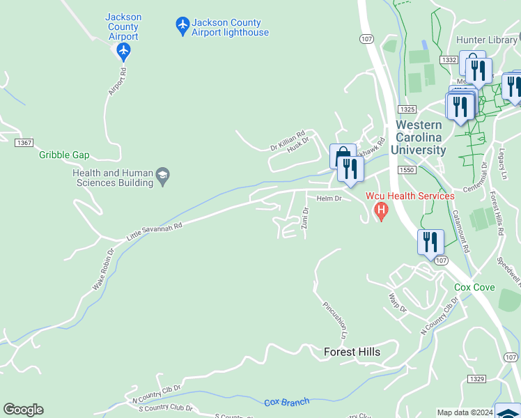map of restaurants, bars, coffee shops, grocery stores, and more near 1325 Off Sr in Sylva