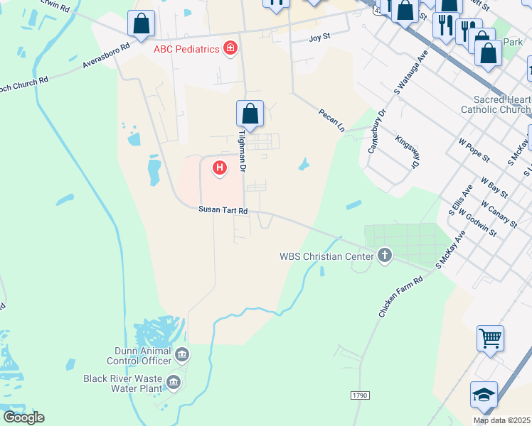 map of restaurants, bars, coffee shops, grocery stores, and more near Susan Tart Road in Dunn