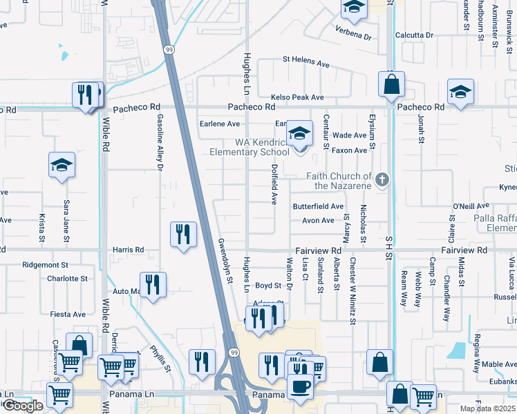 map of restaurants, bars, coffee shops, grocery stores, and more near 2405 Clara Road in Bakersfield