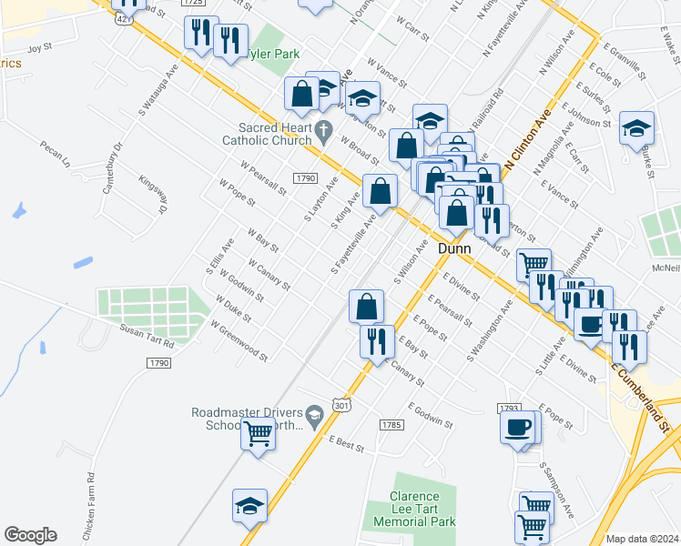map of restaurants, bars, coffee shops, grocery stores, and more near 111 West Pope Street in Dunn