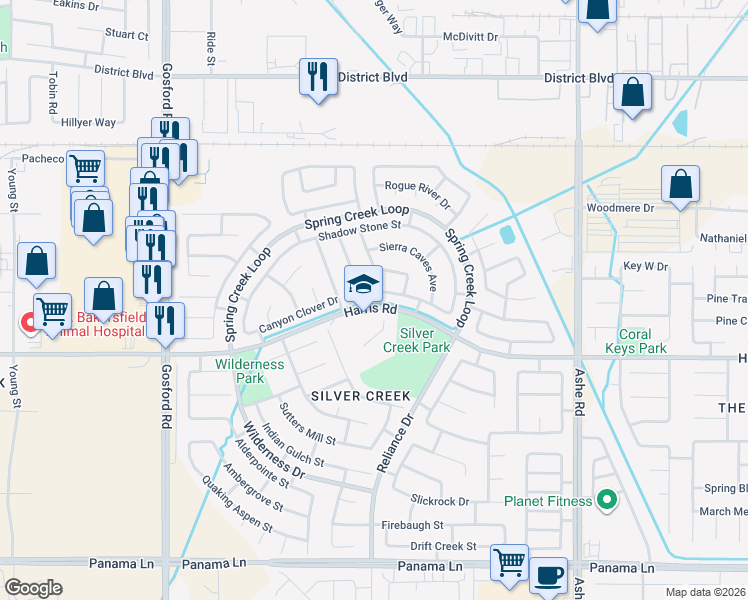 map of restaurants, bars, coffee shops, grocery stores, and more near 7303 Sierra Rim Drive in Bakersfield