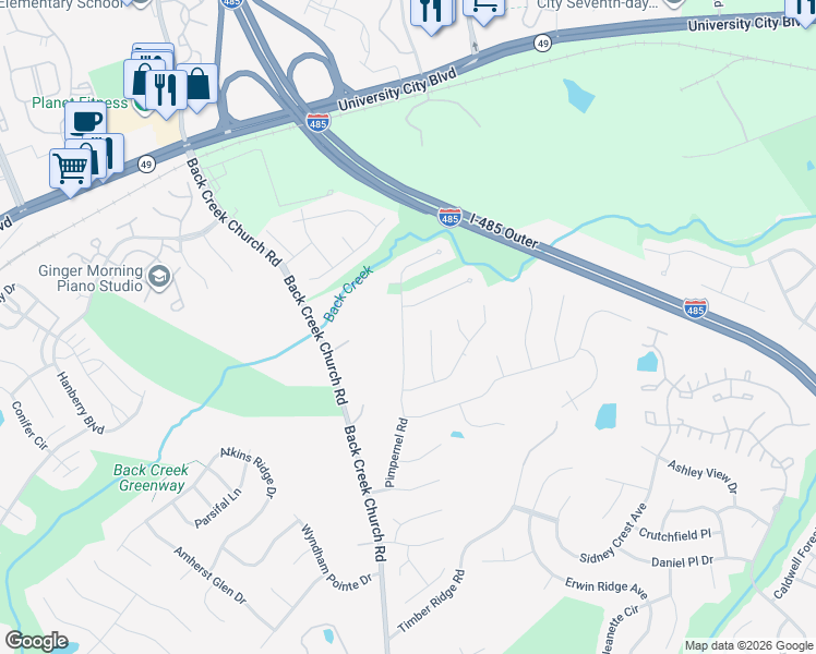 map of restaurants, bars, coffee shops, grocery stores, and more near 2223 Pimpernel Road in Charlotte