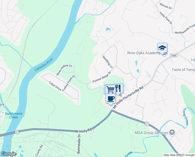 map of restaurants, bars, coffee shops, grocery stores, and more near 11011 Pointer Ridge Drive in Charlotte