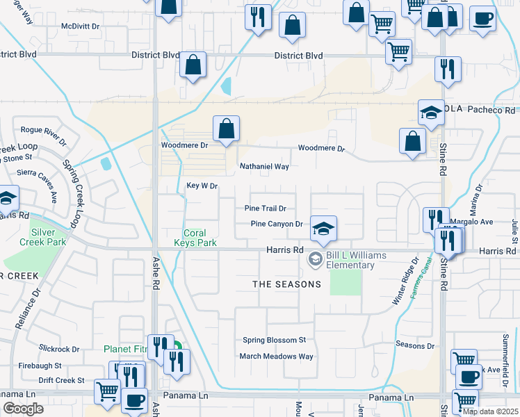 map of restaurants, bars, coffee shops, grocery stores, and more near 5715 Pine Trail Drive in Bakersfield