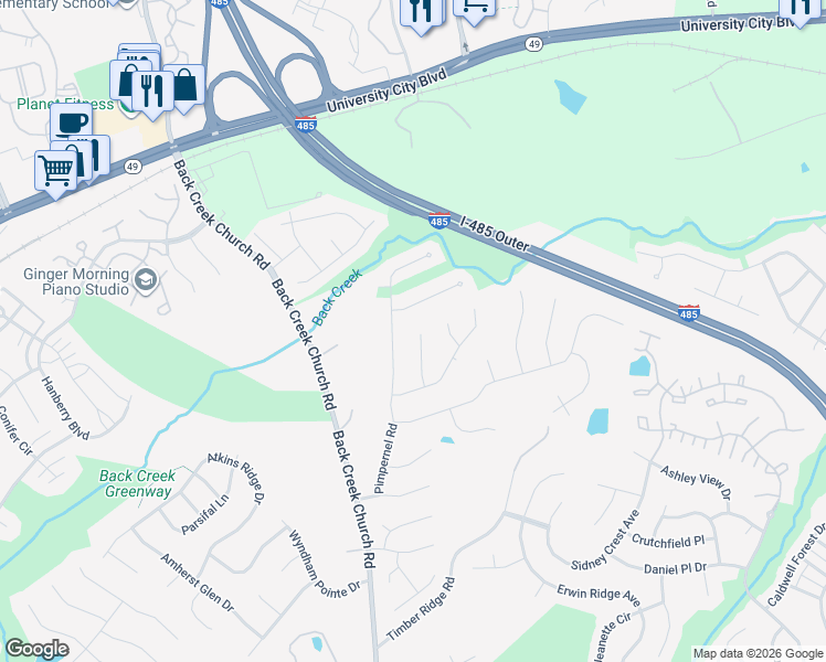 map of restaurants, bars, coffee shops, grocery stores, and more near 2304 Comfrey Court in Charlotte