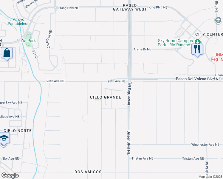 map of restaurants, bars, coffee shops, grocery stores, and more near Mesa Grande Loop Northeast in Rio Rancho