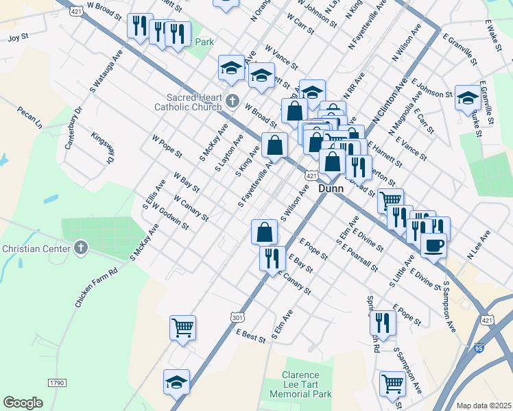 map of restaurants, bars, coffee shops, grocery stores, and more near 106 Poppy Street in Dunn