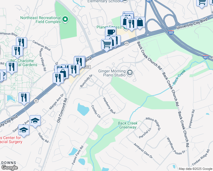 map of restaurants, bars, coffee shops, grocery stores, and more near 9862 Hanberry Boulevard in Charlotte