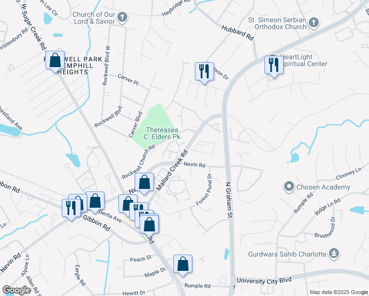 map of restaurants, bars, coffee shops, grocery stores, and more near 6511 Mallard Creek Road in Charlotte