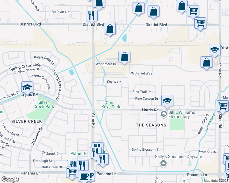 map of restaurants, bars, coffee shops, grocery stores, and more near 6205 Galanos Court in Bakersfield