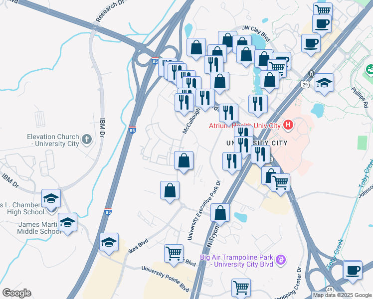 map of restaurants, bars, coffee shops, grocery stores, and more near 401 Tyler Trail Court in Charlotte