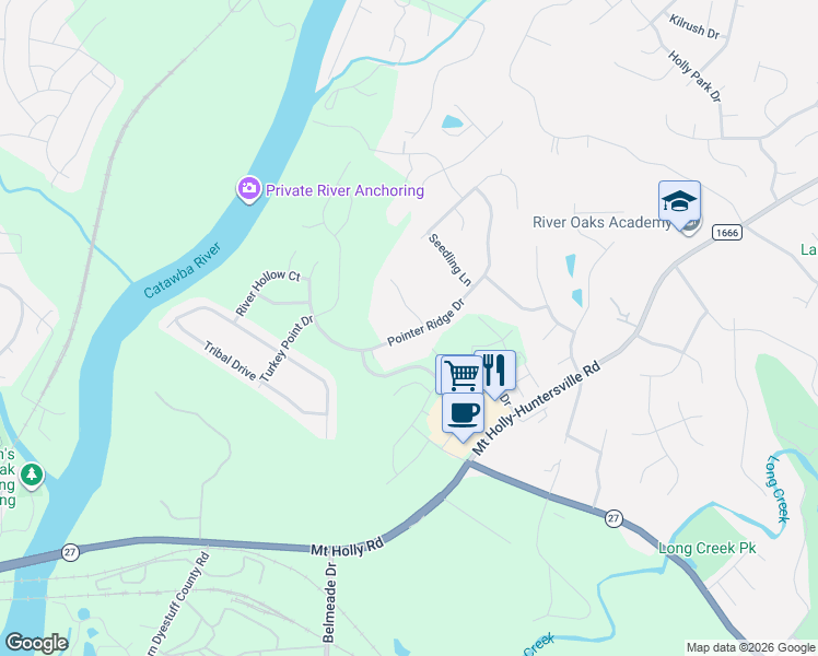 map of restaurants, bars, coffee shops, grocery stores, and more near 11011 Pointer Ridge Drive in Charlotte