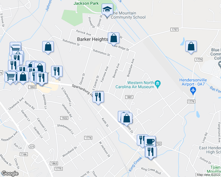 map of restaurants, bars, coffee shops, grocery stores, and more near 101 Beverly Avenue in Hendersonville
