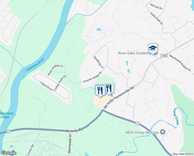 map of restaurants, bars, coffee shops, grocery stores, and more near 11048 Pointer Ridge Drive in Charlotte